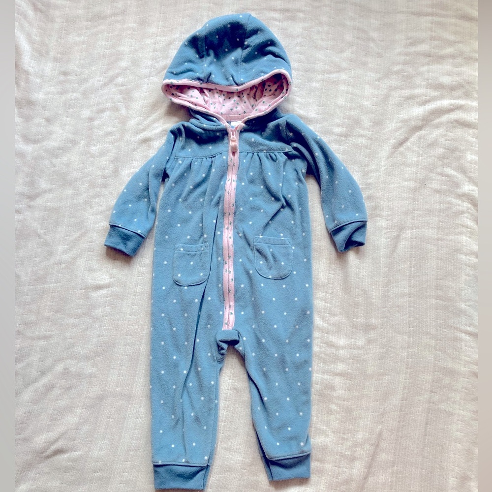 Carters Fleece Zip Up Jumpsuit 12M Blue Polka Dot Hooded Baby One Piece